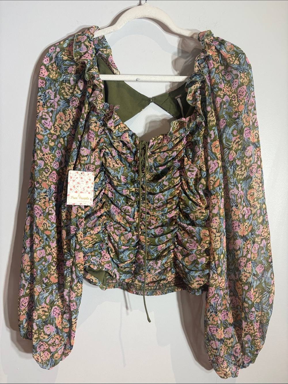 Free People Olive Floral Ruched Peasant Top